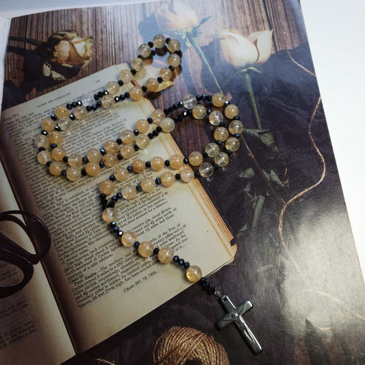 AMUSOUL Crucifix 4.8 mm Round Gold Gem Nylon Cord Rosary