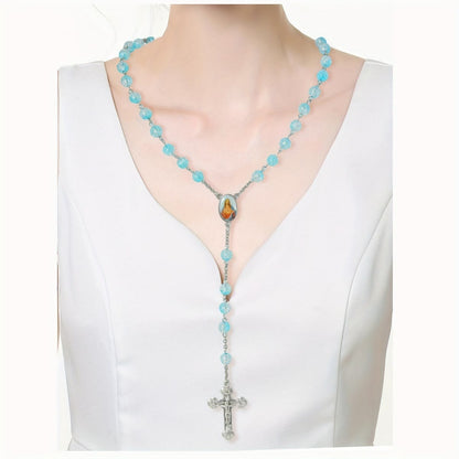 AMUSOUL Celestial Blue Glass Beads Rosary with Jesus Heart & Crucifix