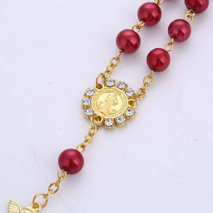 AMUSOUL 8mm Golden Angel Charm Jesus Rosary Bracelet