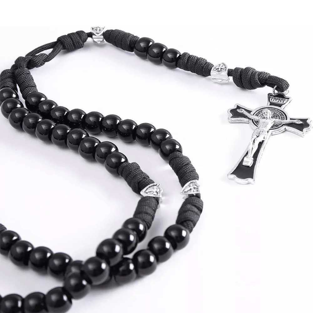 AMUSOUL Fine Crafted Black Sturdy Umbrella Cord Crucifix Rosary