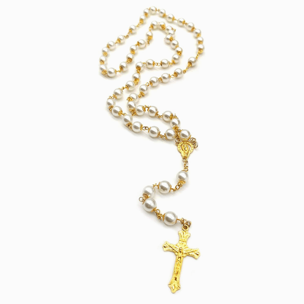 AMUSOUL White Pearl Beads Catholic Blessing Rosary