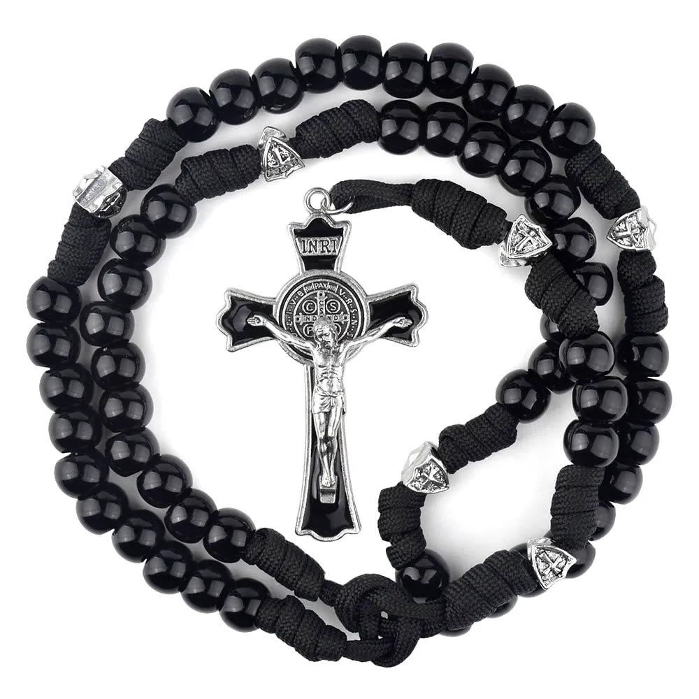 AMUSOUL Fine Crafted Black Sturdy Umbrella Cord Crucifix Rosary