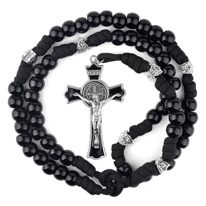AMUSOUL Fine Crafted Black Sturdy Umbrella Cord Crucifix Rosary