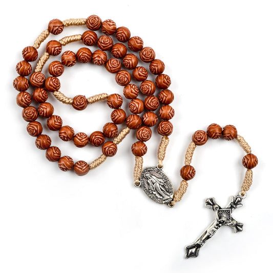 AMUSOUL Handmade Rose-Shaped Wooden Bead Rosary: Miraculous Medal & Crucifix