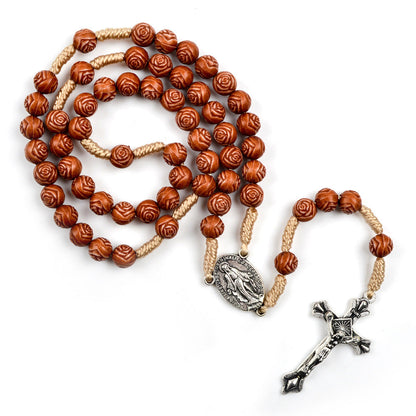 AMUSOUL Handmade Rose-Shaped Wooden Bead Rosary: Miraculous Medal & Crucifix