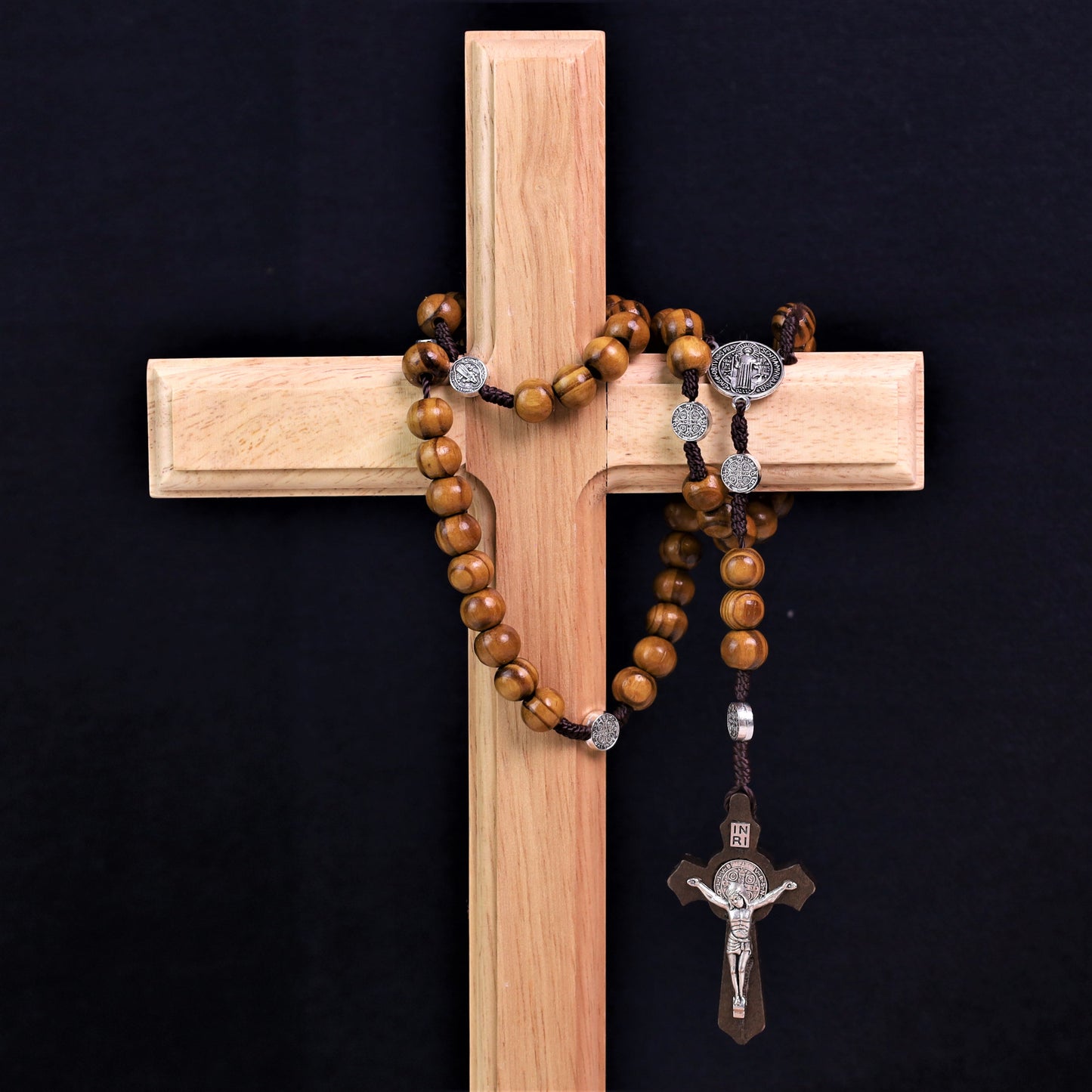 AMUSOUL  Olive Wood Saint Benedict Bead Rosary and Cross