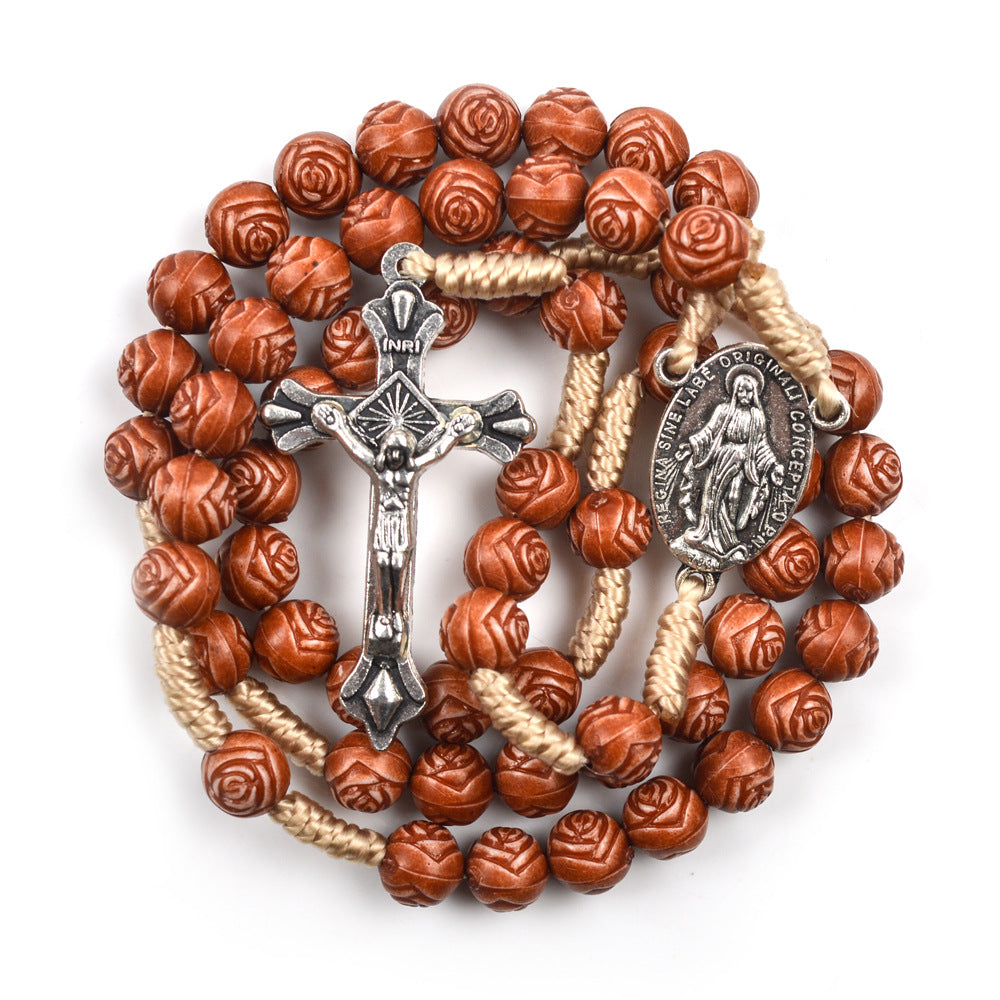 AMUSOUL Handmade Rose-Shaped Wooden Bead Rosary: Miraculous Medal & Crucifix
