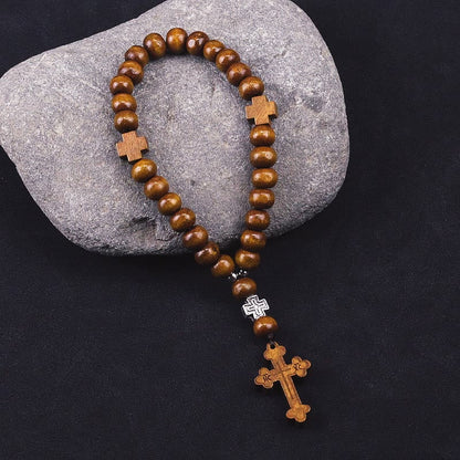 AMUSOUL Wooden Baptism Tassel Beaded Bracelet Rosary