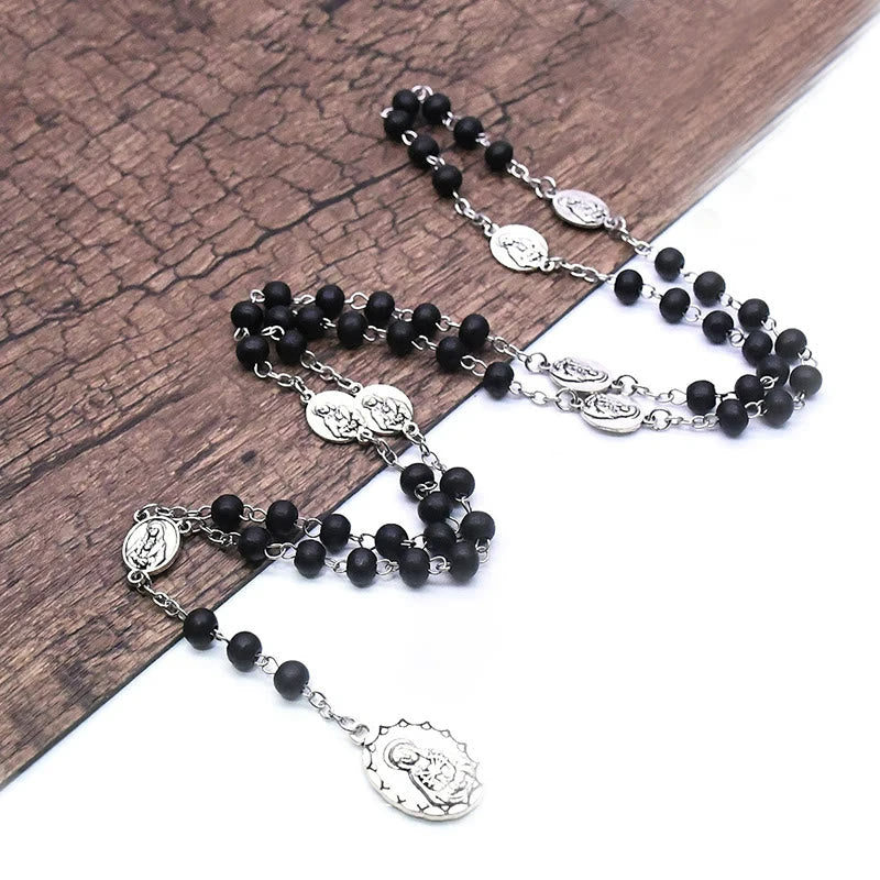 AMUSOUL Our Lady of Sorrows of 6 mm Round Black Acrylic Alloy Chain 7 Sorrows Rosary