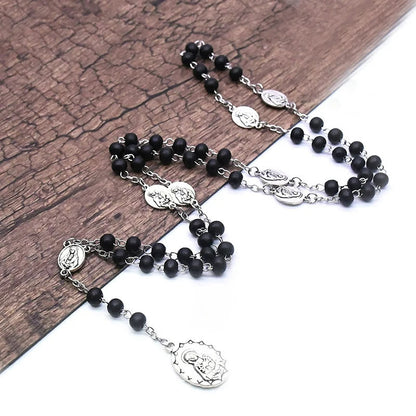 AMUSOUL Our Lady of Sorrows of 6 mm Round Black Acrylic Alloy Chain 7 Sorrows Rosary