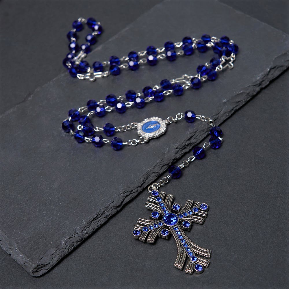 AMUSOUL  Miraculous Medal & Cross of 8 mm Polyhedron Blue Crystal Alloy Chain Rosary