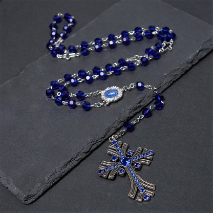 AMUSOUL  Miraculous Medal & Cross of 8 mm Polyhedron Blue Crystal Alloy Chain Rosary