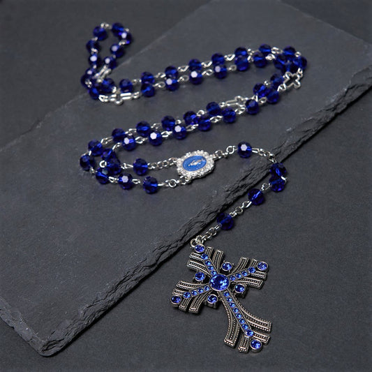 AMUSOUL  Miraculous Medal & Cross of 8 mm Polyhedron Blue Crystal Alloy Chain Rosary