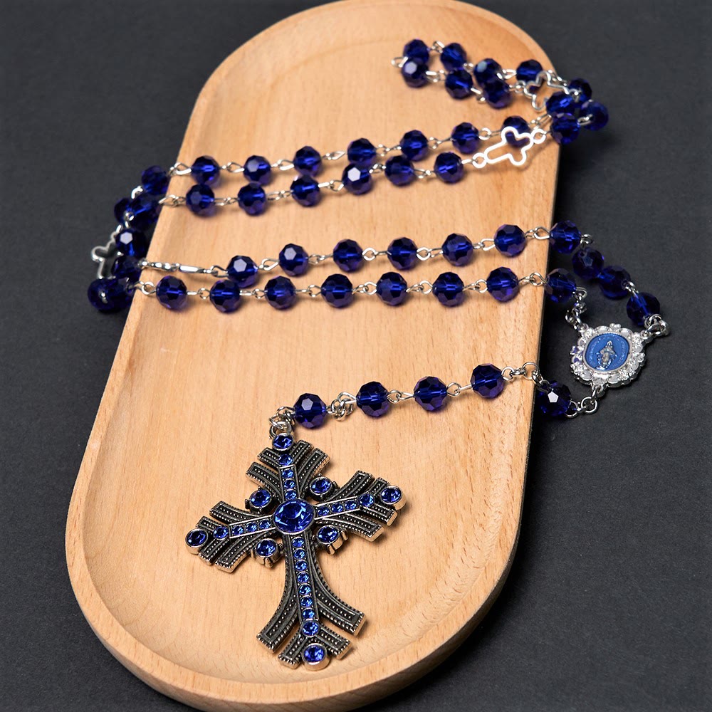 AMUSOUL  Miraculous Medal & Cross of 8 mm Polyhedron Blue Crystal Alloy Chain Rosary