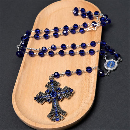AMUSOUL  Miraculous Medal & Cross of 8 mm Polyhedron Blue Crystal Alloy Chain Rosary