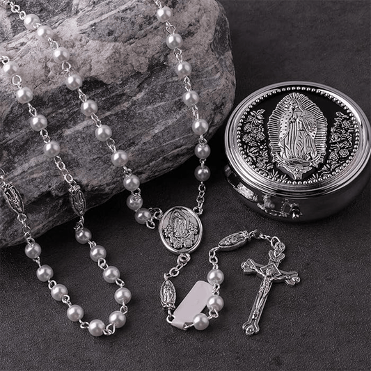 AMUSOUL Catholic Our Lady of Guadalupe White Beads Rosary