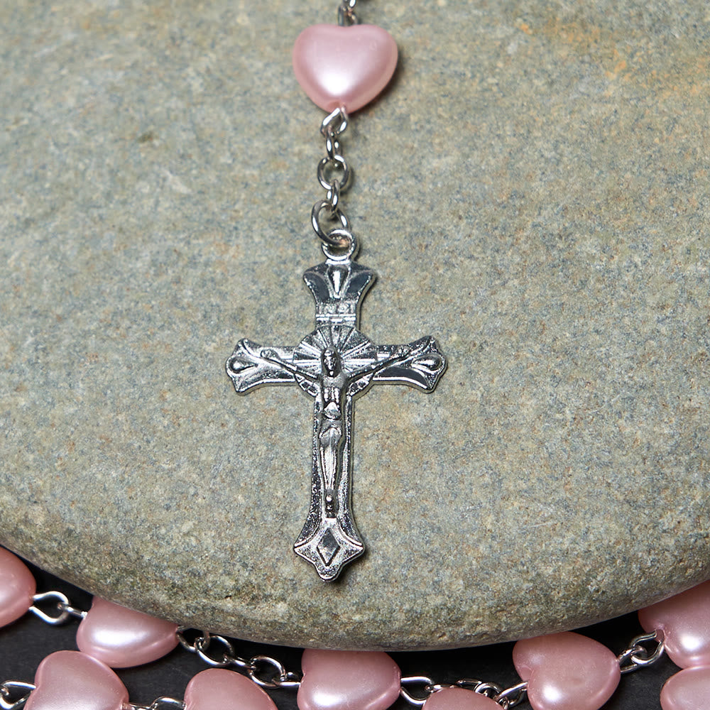 AMUSOUL Our Lady of Fátima & Crucifix of 10 mm Heart Pink Acrylic Alloy Chain Rosary