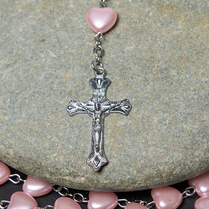 AMUSOUL Our Lady of Fátima & Crucifix of 10 mm Heart Pink Acrylic Alloy Chain Rosary