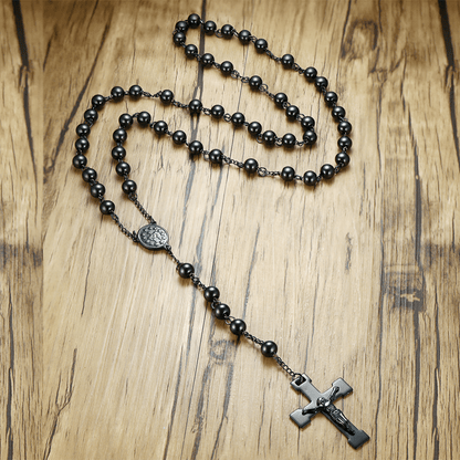 AMUSOUL Our Lady of Grace & Crucifix of 8 mm Round Black Steel Ball Alloy Chain Rosary