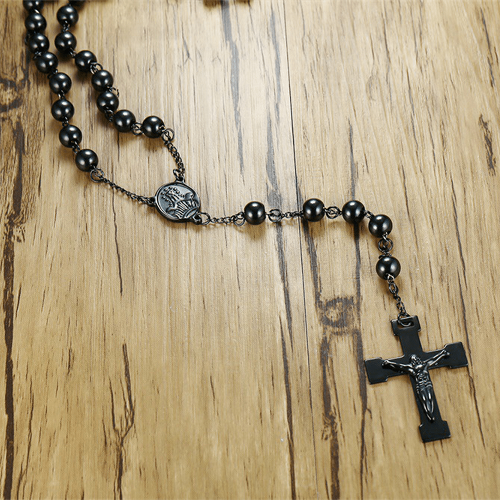 AMUSOUL Our Lady of Grace & Crucifix of 8 mm Round Black Steel Ball Alloy Chain Rosary