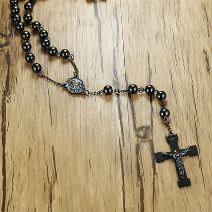 AMUSOUL Our Lady of Grace & Crucifix of 8 mm Round Black Steel Ball Alloy Chain Rosary