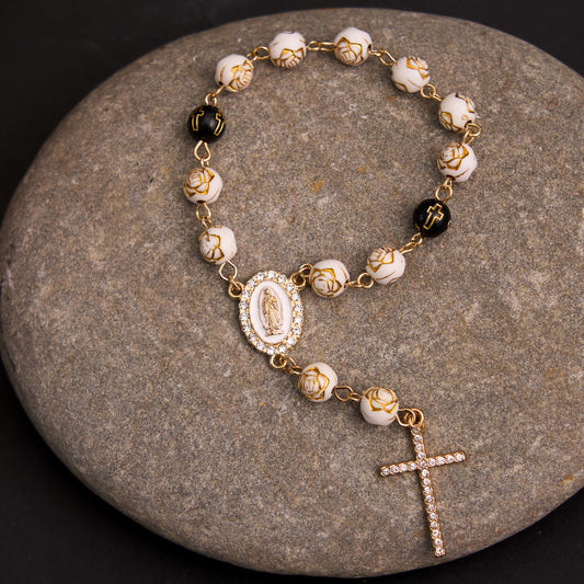 AMUSOUL Rose Beads Cross Our Lady Of Guadalupe Bracelet Rosary