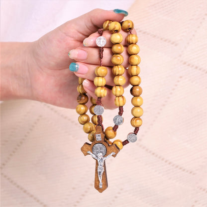 AMUSOUL  Olive Wood Saint Benedict Bead Rosary and Cross