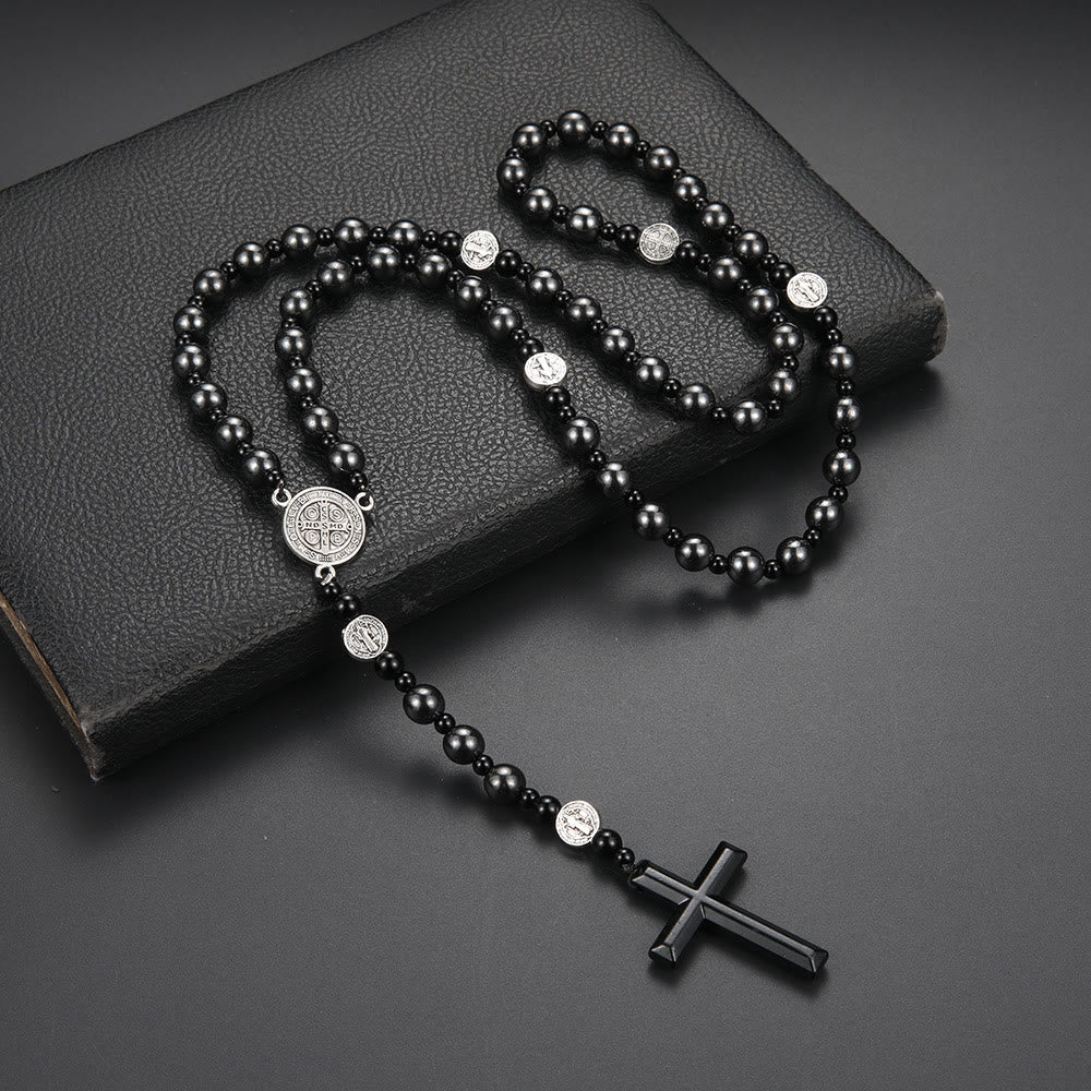 AMUSOUL St. Benedict Medal & Cross of 8 mm Round Black Multi-material Nylon Cord Rosary
