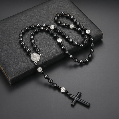 AMUSOUL St. Benedict Medal & Cross of 8 mm Round Black Multi-material Nylon Cord Rosary