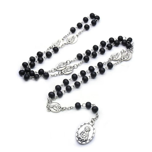 AMUSOUL Our Lady of Sorrows of 6 mm Round Black Acrylic Alloy Chain 7 Sorrows Rosary