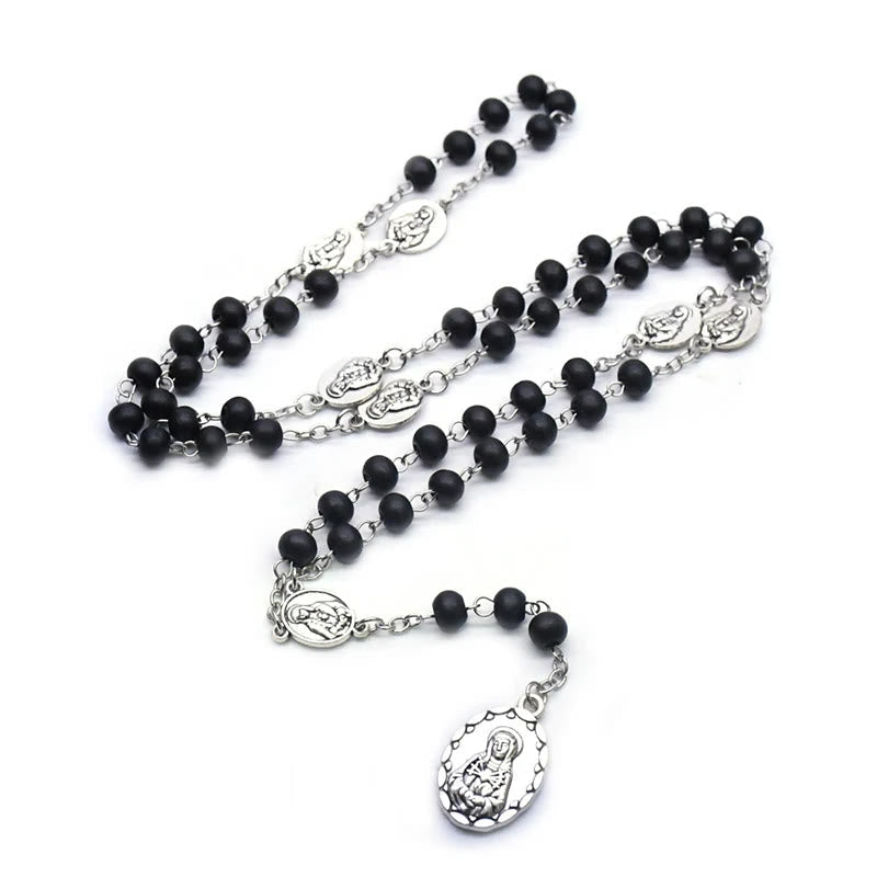 AMUSOUL Our Lady of Sorrows of 6 mm Round Black Acrylic Alloy Chain 7 Sorrows Rosary