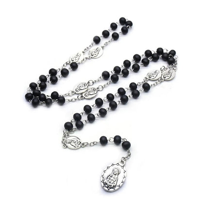 AMUSOUL Our Lady of Sorrows of 6 mm Round Black Acrylic Alloy Chain 7 Sorrows Rosary