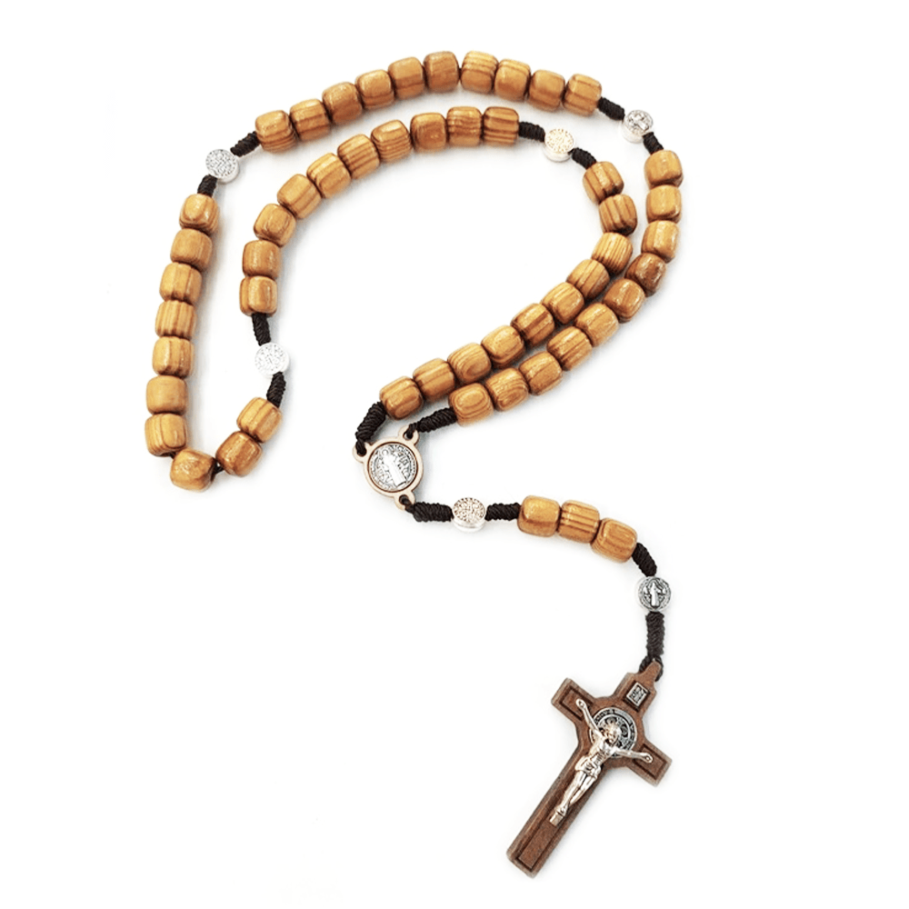AMUSOUL Crafted Natural Wood St. Benedict Crucifix Rosary