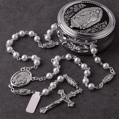 AMUSOUL Catholic Our Lady of Guadalupe White Beads Rosary