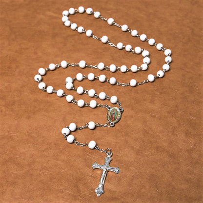 AMUSOUL Our Lady of Guadalupe & Crucifix of 6 mm Round Multicolor Wood Alloy Chain Rosary