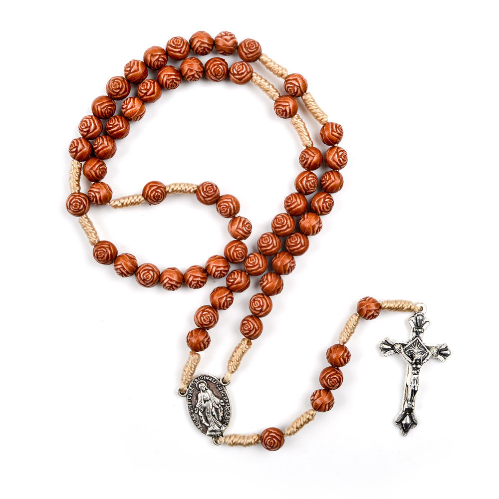 AMUSOUL Handmade Rose-Shaped Wooden Bead Rosary: Miraculous Medal & Crucifix