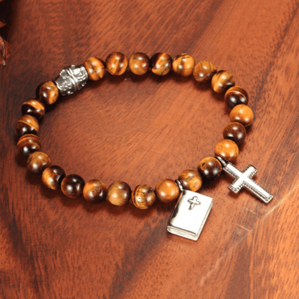 AMUSOUL Bible Cross Tiger Eyes Stone Titanium Bracelet
