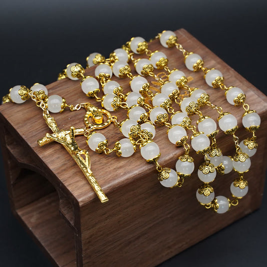 AMUSOUL Faith & Charity: Natural White Chalcedony Catholic Rosary