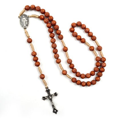 AMUSOUL Handmade Rose-Shaped Wooden Bead Rosary: Miraculous Medal & Crucifix