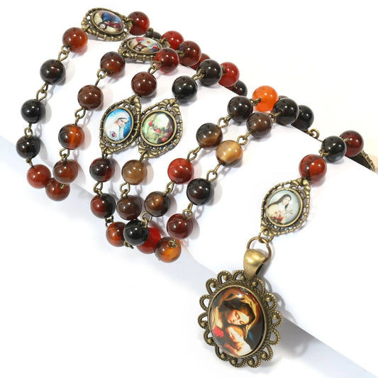 AMUSOUL Retro Agate Stone Virgin Mary Seven Sorrow Rosary