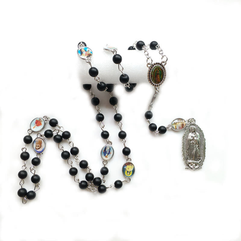 AMUSOUL Our Lady of Guadalupe of 6 mm Round Black Agate Alloy Chain Rosary