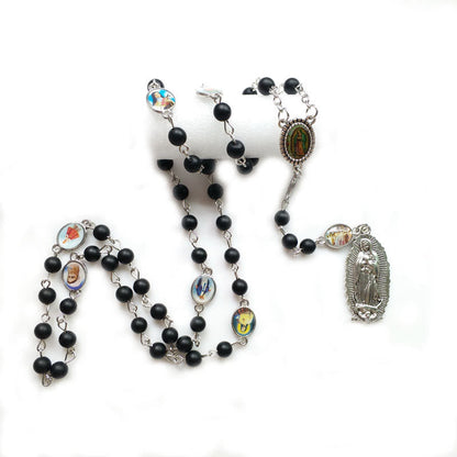 AMUSOUL Our Lady of Guadalupe of 6 mm Round Black Agate Alloy Chain Rosary