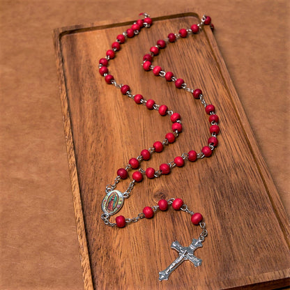 AMUSOUL Our Lady of Guadalupe & Crucifix of 6 mm Round Multicolor Wood Alloy Chain Rosary