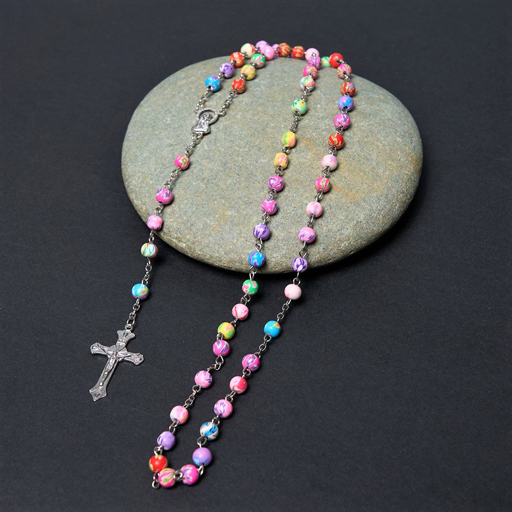 AMUSOUL Our Lady of Guadalupe & Crucifix of 6 mm Round Multicolor Polymer Clay Alloy Chain Rosary