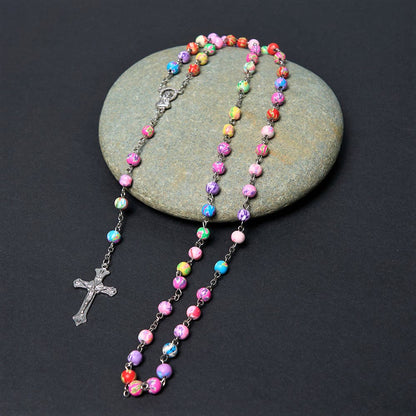 AMUSOUL Our Lady of Guadalupe & Crucifix of 6 mm Round Multicolor Polymer Clay Alloy Chain Rosary