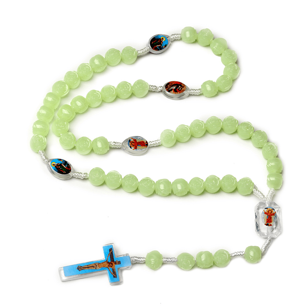 AMUSOUL Crucifix of 10 mm Rose Luminous Green Resin Nylon Cord Rosary