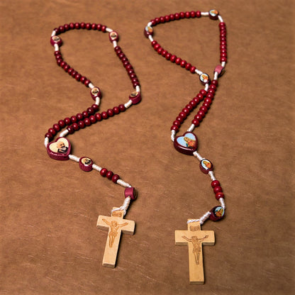 AMUSOUL Wine Red Wooden Beads Cross Virgin Mary Hand Held Rosary