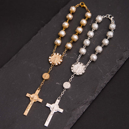 AMUSOUL Glass Beads St. Benedict & Jesus Cross Bracelet Rosary