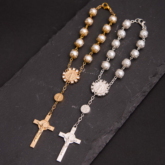 AMUSOUL Glass Beads St. Benedict & Jesus Cross Bracelet Rosary