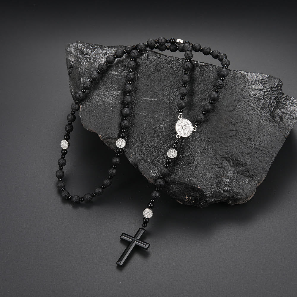 AMUSOUL St. Benedict Medal & Cross of 8 mm Round Black Multi-material Nylon Cord Rosary